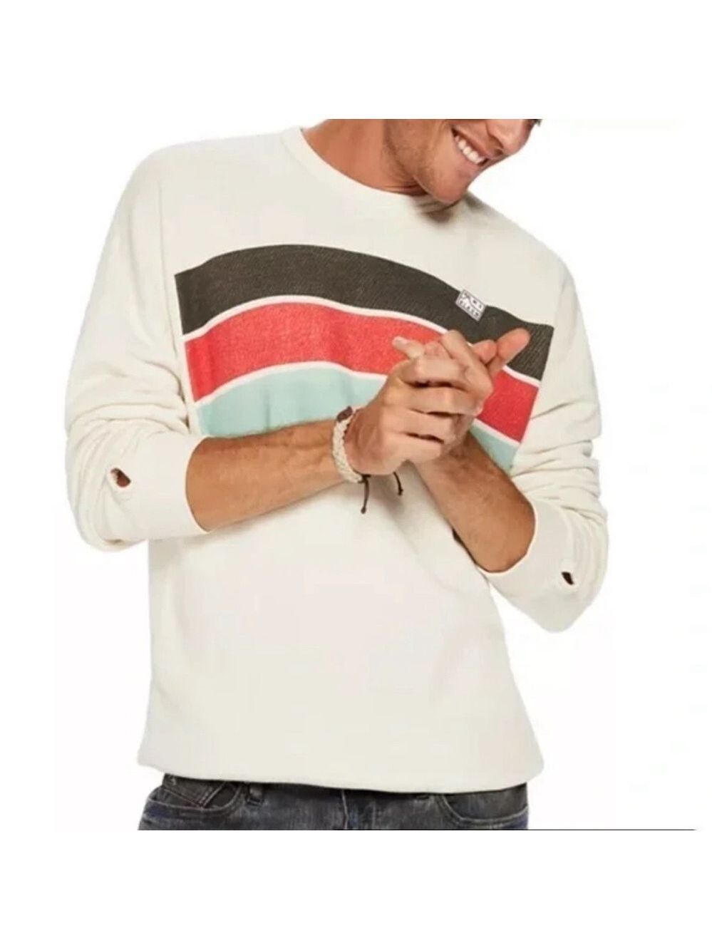 Scotch & Soda Men’s You Blauw Me Away Thermal Sweatshirt 3 Stripe SZ XL Cream